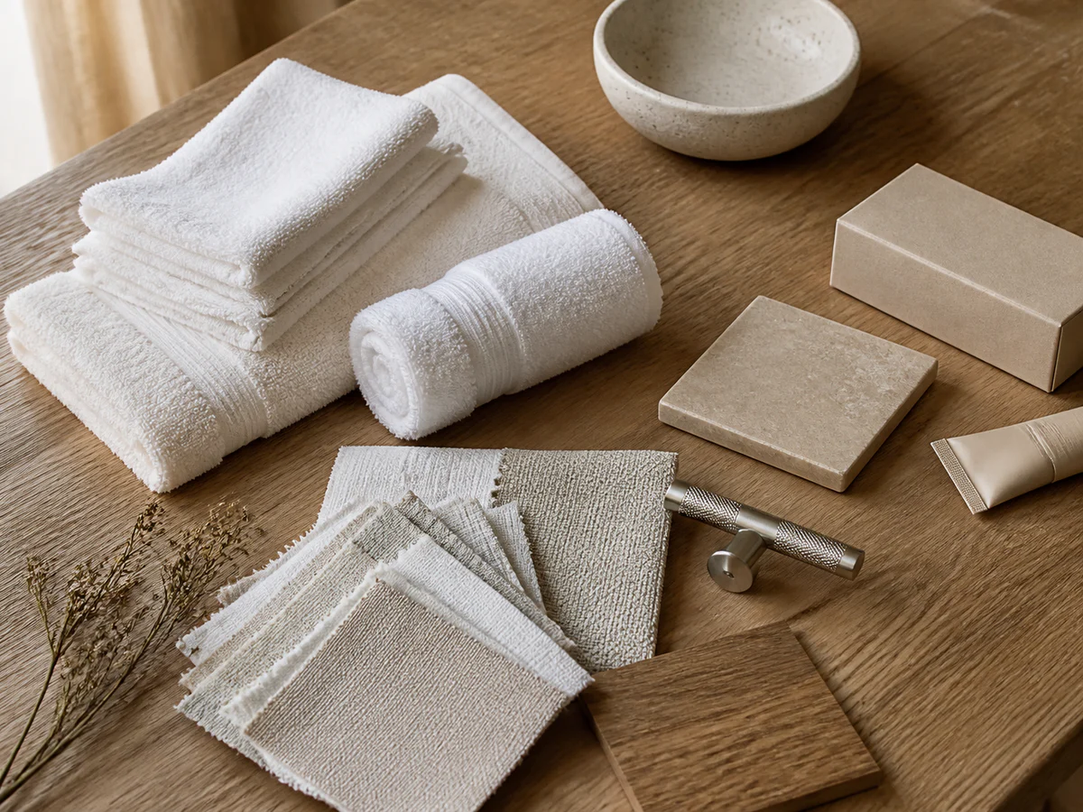 Mẫu khăn, vải, bao bì và vật liệu được sắp xếp để đối chiếu quy cách